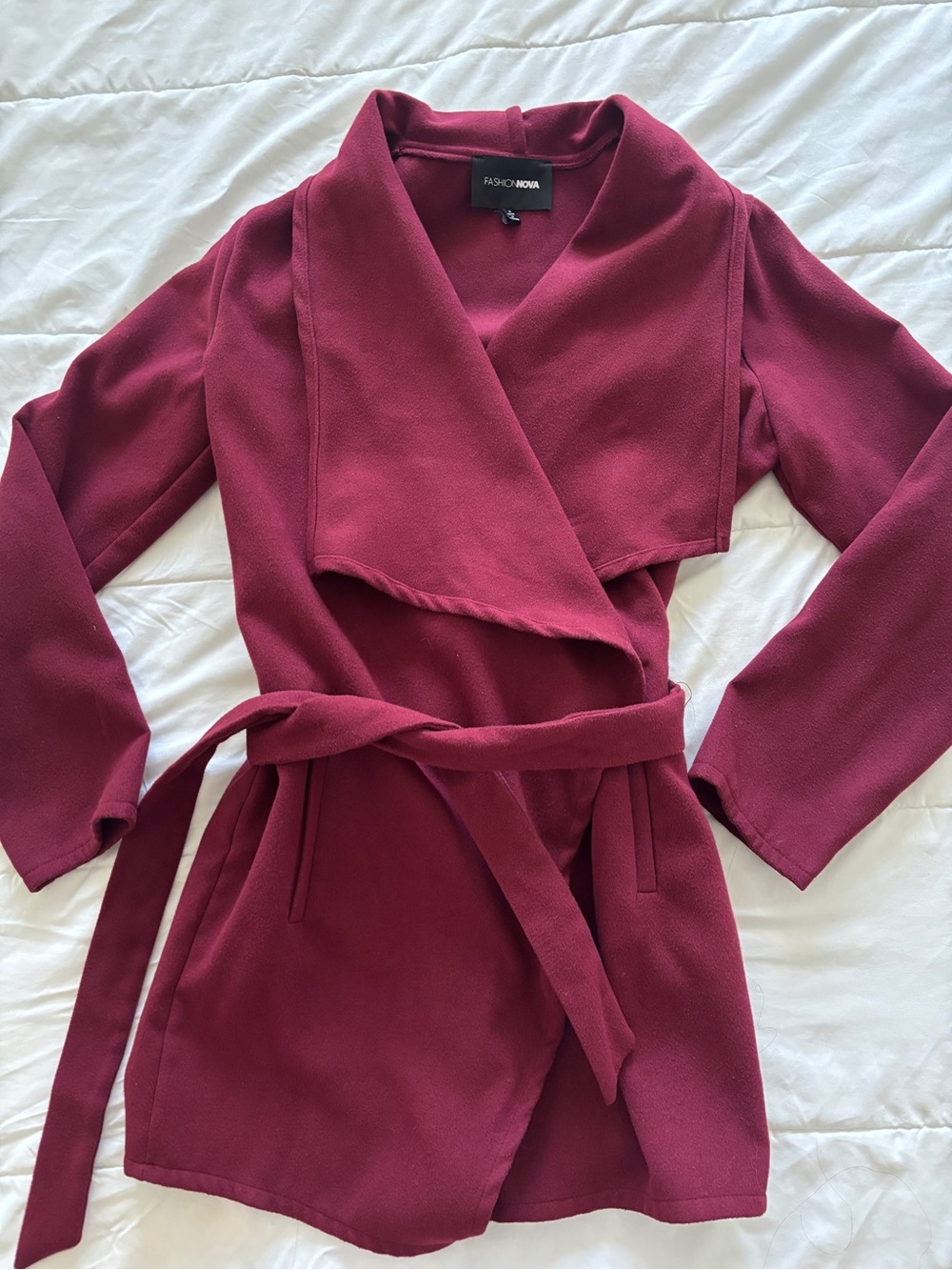 Fashion Nova Burgundy Wrap Front Belted Coat